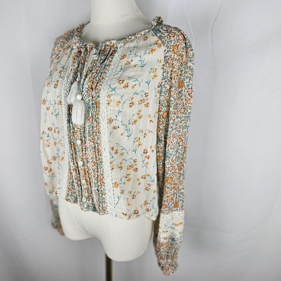 American Eagle Top Floral Button-Up Blouse Large Lace Boho Prairie Peasant Girly - Picture 5 of 11